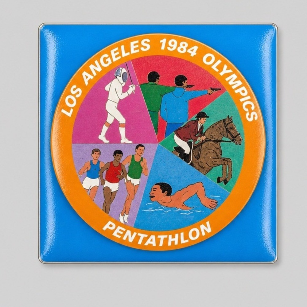 Vintage Los Angeles 1984‎ Olympics Pentathlon Pin Button Original Card LA84